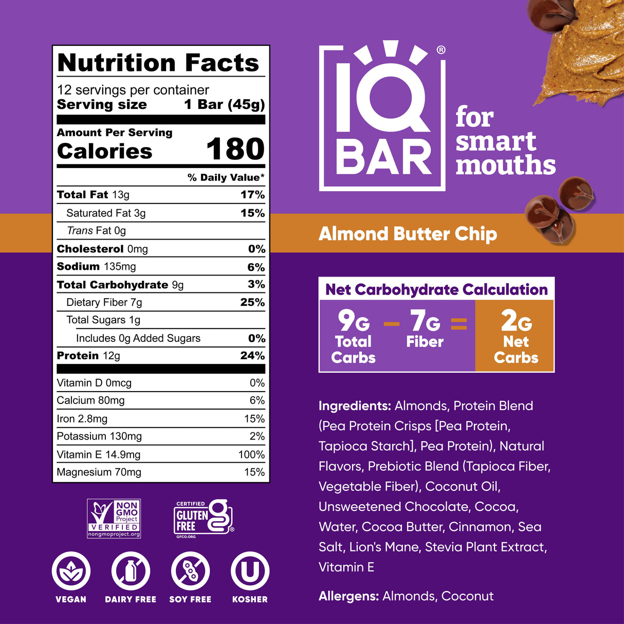 IQBAR Almond Butter Chip | Brain + Body Keto Protein Bars