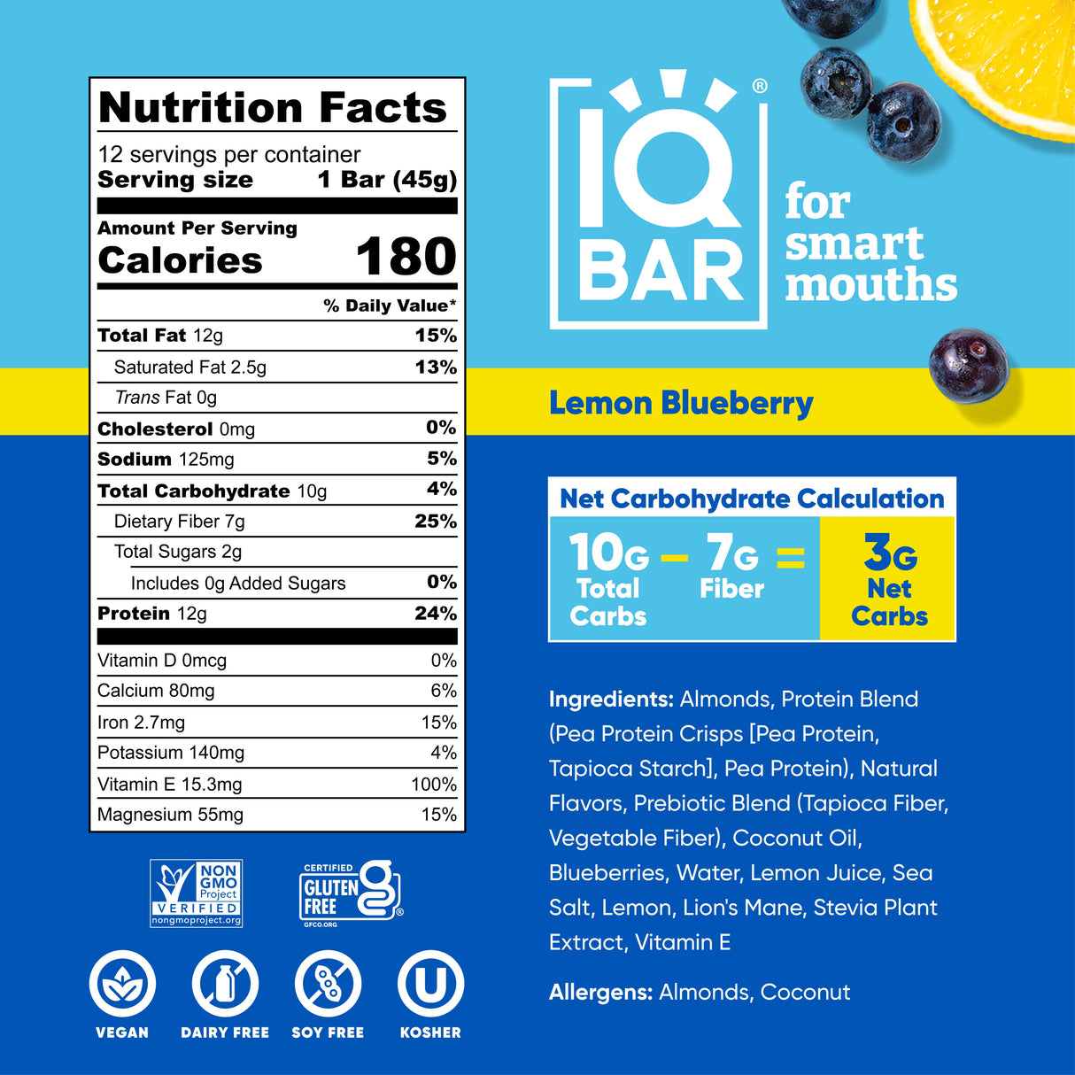 IQBAR Lemon Blueberry | Brain + Body Keto Protein Bars